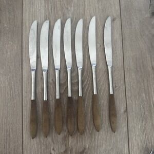 EPIC Forged Stainless Wood Handle Silverware Dinner Knives Set Of 7 Vintage MCM